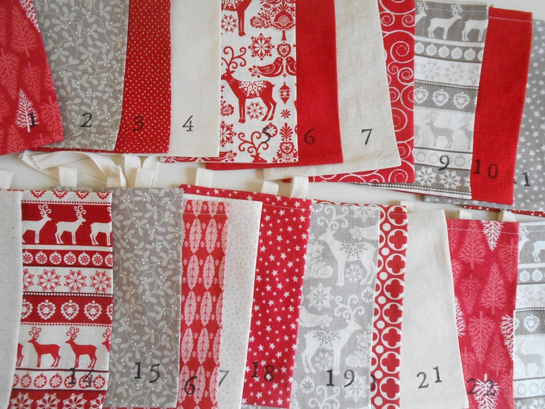 Christmas Advent Calendar/ Fabric Bags in Red and White Scandi 2 Fabric Countdown Advent Calendar/ Reindeer, Christmas Trees image 5