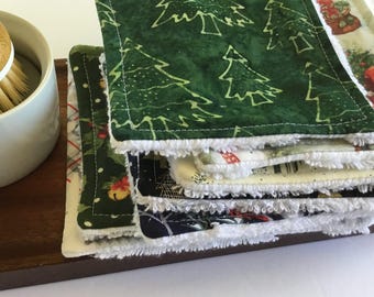 Holiday Print Dish Cloth Sponges: Reusable Cotton Kitchen Scrubby Set Christmas