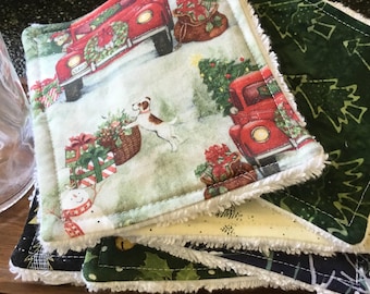 Holiday Print Dish Cloth Sponges: Reusable Cotton Kitchen Scrubby Set Christmas