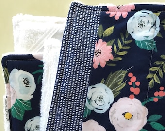 May include: Close-up of a floral patterned fabric with a navy blue background and white, pink, and green flowers. A white terry cloth is visible behind the fabric. The edge of the fabric has a dotted pattern.