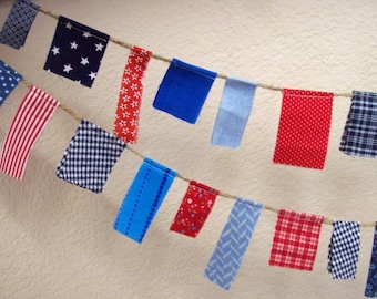 4th of July Mini- Scrappy Banner, Garland: Red, White, and Blue Patriotic Bunting