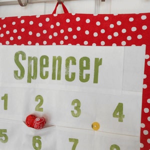 Personalized Christmas Advent Calendar in RED Polka Dot Fabric /READY to SHiP Christmas Countdown Calendar with LARGE Pockets