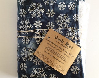 Dish Drying Mat / Dish Drainer/ Dish Mat in Christmas Blue Glitter Snowflakes/ Kitchen  Drying Towel