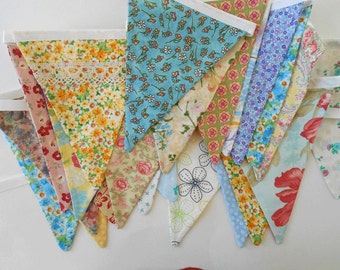 Floral Fabric Banner: Shabby Chic Bunting, Vintage Inspired Flags