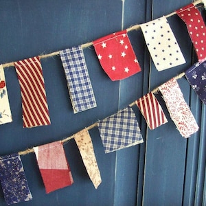 Patriotic Mini Scrappy Banner/ Fourth of July Bunting /Americana Garland/ Photo Prop in Vintage Red, White and Blue