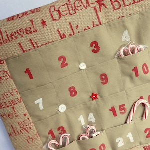 BELIEVE Christmas Advent Calendar/ Printed Burlap / Can be Personalized / Christmas Countdown Calendar with Pockets