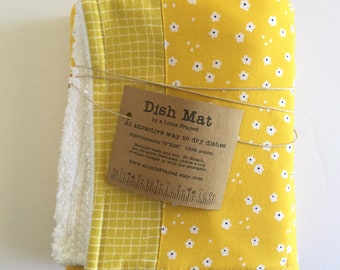 Floral Dish Drying Mat: Yellow Ditzy Flowers, Cotton Terry Cloth (18”x22”)