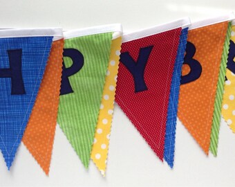 Happy Birthday Banner | Fabric Birthday Banner in Bright Blue, Red, Orange, Green, Yellow