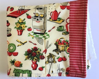 Retro Kitchen Dish Drying Mat: Red & Green Cotton Terry Cloth
