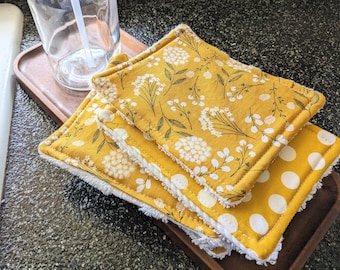 Dish Sponge, reusable kitchen sponge, Mustard Yellow Floral and Dots eco-friendly dish cloth, scrubby
