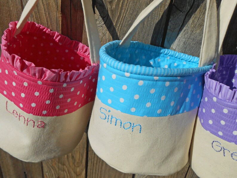 Easter Basket Personalized HANDMADE in Polka Dot / Pink Blue Green Yellow Purple Orange / Canvas Easter Basket for Girl or Boy image 10