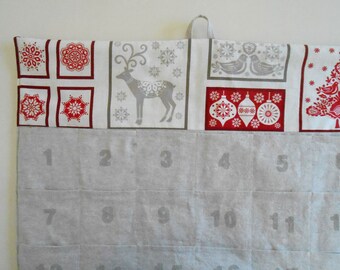 Christmas Advent Calendar/ READY to SHIP/ Reindeer and Christmas Tree  Red and Linen/ Christmas Countdown Calendar with Pockets in Scandi 2