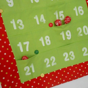 Personalized Christmas Advent Calendar in Red Polka Dot Fabric / Christmas Countdown Calendar with LARGE Pockets