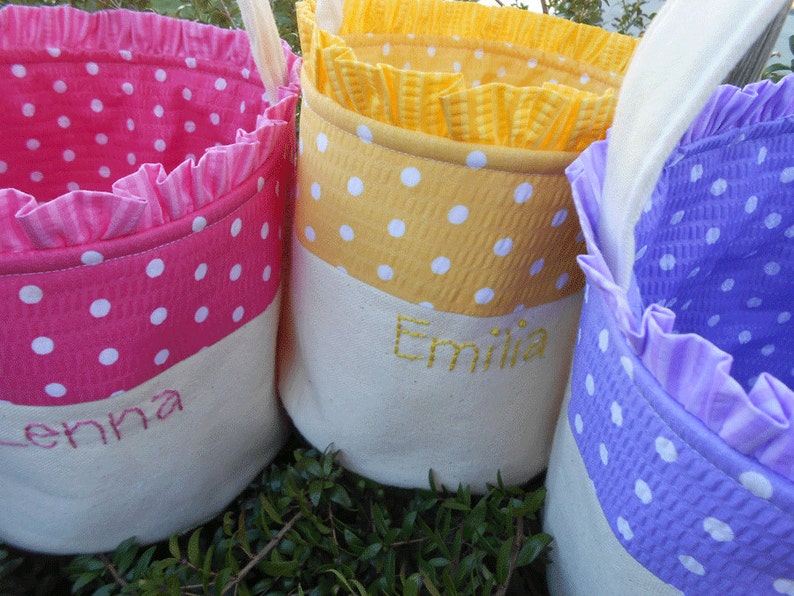 Easter Basket Personalized HANDMADE in Polka Dot / Pink Blue Green Yellow Purple Orange / Canvas Easter Basket for Girl or Boy image 6