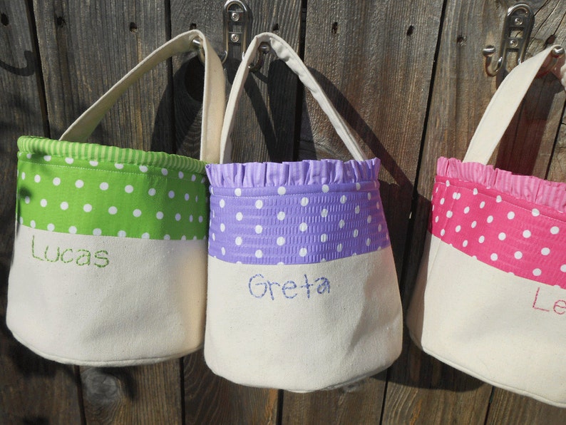 Easter Basket Personalized HANDMADE in Polka Dot / Pink Blue Green Yellow Purple Orange / Canvas Easter Basket for Girl or Boy image 5