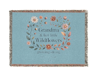 Personalized Grandma and Her Little Wildflowers Blanket | Custom Woven Throw with Grandkids' Names | Mother's Day Gift for Grandma