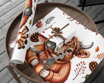 Inpakpapier: pluizige koe vakantiecadeaupapier, kerstcadeaupapier, dierenliefhebber cadeaupapier, feestelijk koepapier, cadeaupapier boerderijdier