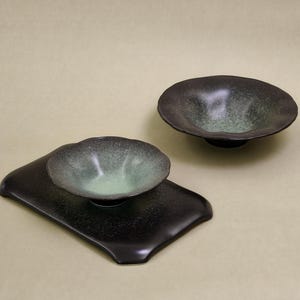 Bol para pasta hecho a mano de 7” 9”, bol de cerámica para servir, plato ancho de gres, utensilios de cocina rústicos, vajilla única de cerámica verde bosque y negro