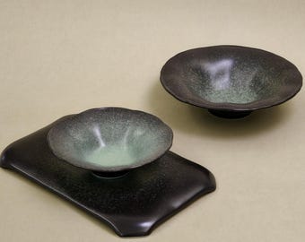 Handmade Pasta Bowl 7” 9”, Ceramic Serving Bowl, Wide Dish Stoneware, Rustic Kitchenware, Pottery Decor Unique Dinnerware Forest Green Black