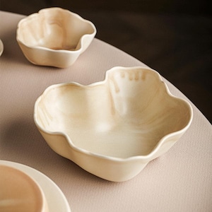 Handmade Ceramic Bowl, Wavy Edge Pottery Bowl, Rustic Stoneware, Aesthetic Serving Bowl, Decorative Dish, Cream Beige, 5” 8.25”