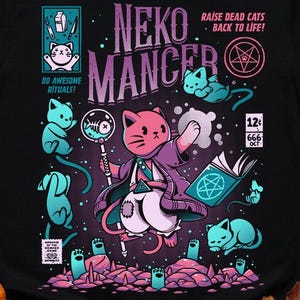 May include: Black t-shirt with a colorful graphic featuring a pink cat in a wizard's robe, surrounded by other cats and occult symbols. Text includes "NEKO MANCER" and "RAISE DEAD CATS BACK TO LIFE!" Halloween-themed design with pumpkins and bats.