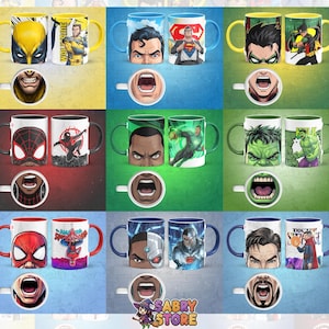 K&ouml;nnte beinhalten: Sammlung von Kaffeetassen mit Superhelden-Motiven. Jede Tasse zeigt einen anderen Charakter, darunter Wolverine, Superman, Batman, Spider-Man, Green Lantern und Hulk. Die Tassen haben farbenfrohe Designs und passende Untertassenbilder.