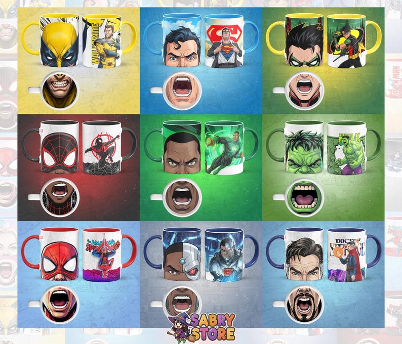 K&ouml;nnte beinhalten: Sammlung von Kaffeetassen mit Superhelden-Motiven. Jede Tasse zeigt einen anderen Charakter, darunter Wolverine, Superman, Batman, Spider-Man, Green Lantern und Hulk. Die Tassen haben farbenfrohe Designs und passende Untertassenbilder.
