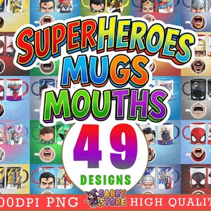 K&ouml;nnte beinhalten: Eine Sammlung von Tassen zum Thema Superhelden mit verschiedenen Designs. Die Tassen zeigen ikonische Charaktere und den Text "SUPERHEROES MUGS MOUTHS" und "49 DESIGNS". Das Bild enth&auml;lt auch den Text "300DPI PNG SABRY STORE HIGH QUALITY".