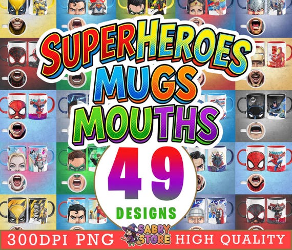 49 Diseños de Tazas con Bocas de Superhéroes Estilo Cómic PNG | Alta Resolución para Sublimación y Edición