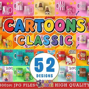 May include: A collection of 52 classic cartoon-themed mugs. The mugs feature various characters from popular animated shows, including The Pink Panther, Garfield, and Scooby-Doo. The image includes the text "CARTOONS CLASSIC" and "52 DESIGNS".
