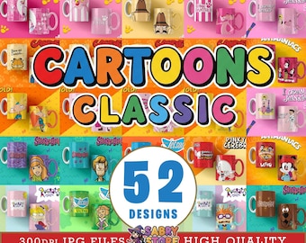 52 Classic Cartoon Designs for Mugs | High Quality JPG Files 300 DPI | Fun Designs for Sublimation and Mugs