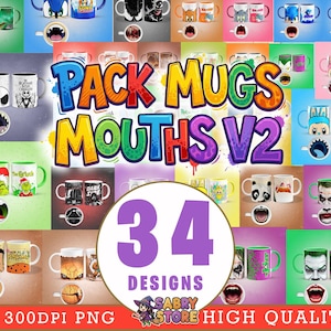 May include: A collection of 34 mug designs with various cartoon and character-themed graphics. The mugs feature colorful designs and matching mouth-shaped saucers. The text "PACK MUGS MOUTHS V2" is displayed prominently.