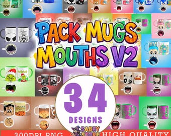 34 Tassendesigns mit Cartoon-Mündern, Filmen und Videospielen Version 2 - Hochauflösendes PNG für Sublimation und Bearbeitung