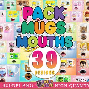 May include: A collection of 39 ceramic mugs with various cartoon character designs, including SpongeBob, Stitch, and others. The mugs feature colorful graphics and are labeled "PACK MUGS MOUTHS". The image also includes the text "300DPI PNG HIGH QUALITY".