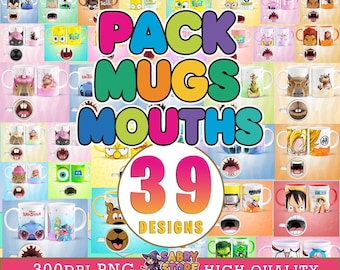 39 Cartoon-Mund-Tassen-Designs (PNG) – Hohe Auflösung für Sublimation und Bildbearbeitung