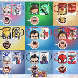 K&ouml;nnte beinhalten: Eine Sammlung von Keramikbechern mit Designs von Superhelden und Comicfiguren. Jeder Becher zeigt das Gesicht oder das Emblem einer Figur, mit passenden Designs auf den dazugeh&ouml;rigen kleinen Tassen. Die Becher zeigen Charaktere wie Harley Quinn, Iron Man und Spider-Man.