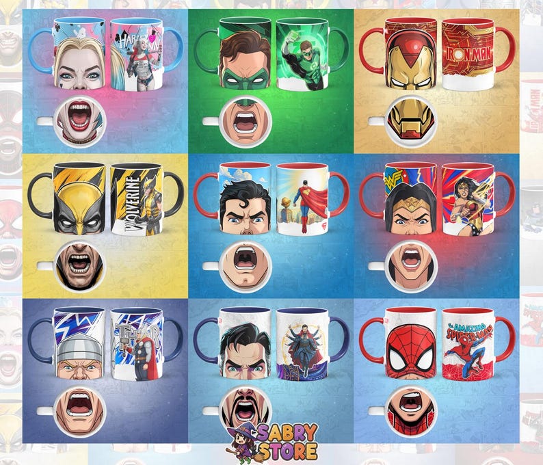 K&ouml;nnte beinhalten: Eine Sammlung von Keramikbechern mit Designs von Superhelden und Comicfiguren. Jeder Becher zeigt das Gesicht oder das Emblem einer Figur, mit passenden Designs auf den dazugeh&ouml;rigen kleinen Tassen. Die Becher zeigen Charaktere wie Harley Quinn, Iron Man und Spider-Man.