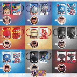 K&ouml;nnte beinhalten: Eine Sammlung von Keramikbechern mit Superhelden-Designs. Jeder Becher zeigt einen anderen Charakter, mit passenden Designs auf dem Becher und dem dazugeh&ouml;rigen L&ouml;ffel. Die Becher sind in verschiedenen Farben erh&auml;ltlich, darunter Rot, Blau und Schwarz.