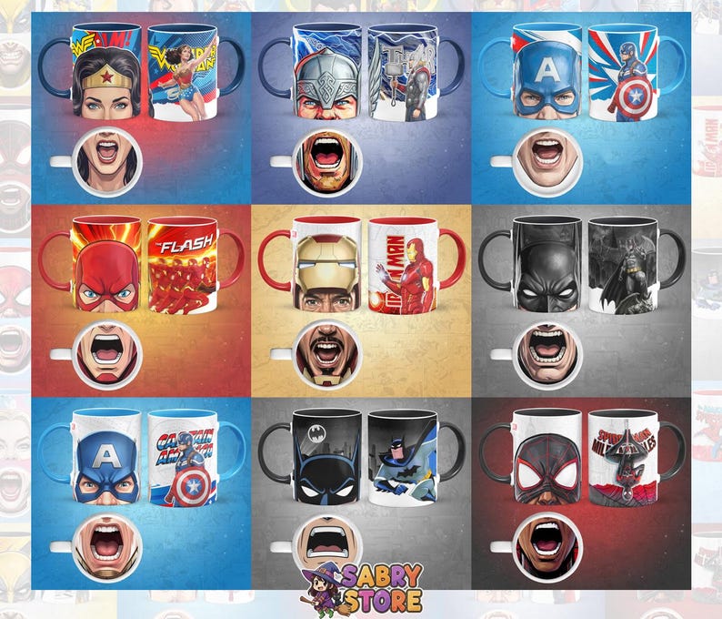 K&ouml;nnte beinhalten: Eine Sammlung von Keramikbechern mit Superhelden-Designs. Jeder Becher zeigt einen anderen Charakter, mit passenden Designs auf dem Becher und dem dazugeh&ouml;rigen L&ouml;ffel. Die Becher sind in verschiedenen Farben erh&auml;ltlich, darunter Rot, Blau und Schwarz.