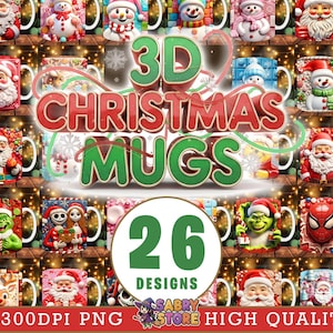 Puede incluir: Una colección de 26 tazas navideñas en 3D. Las tazas presentan varios diseños, incluyendo Papá Noel, muñecos de nieve y otros personajes festivos. La imagen incluye el texto "3D Christmas Mugs" y "26 Designs."