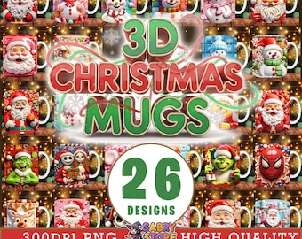 26 3D Designs for Christmas Mugs | PNG 300 DPI High Resolution | Festive Mug Wraps