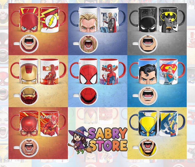 49 Superhelden-Tassendesigns im Comic-Stil (PNG) | Hohe Auflösung für Sublimation und Bildbearbeitung Bild 5