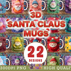 Może przedstawiać: Kolekcja 22 unikalnych wzorów kubków 3D Świętego Mikołaja. Każdy kubek przedstawia inny projekt Świętego Mikołaja z różnymi kolorami i teksturami, w tym płatkami śniegu i zimowymi akcentami. Obraz zawiera tekst "3D SANTA CLAUS MUGS" i "22 DESIGNS".