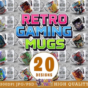 Puede incluir: Una colección de 20 tazas de juegos retro con varios diseños. Las tazas presentan gráficos temáticos de juegos y el texto "Retro Gaming Mugs". Cada taza tiene un asa y un interior blancos. La imagen también incluye el texto "300DPI JPG/PSD" y "HIGH QUALITY".