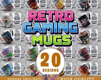 20 Retro Gaming Mug Designs | Editable PSD Files and High-Quality JPGs (300 DPI) | Includes Gamer Font