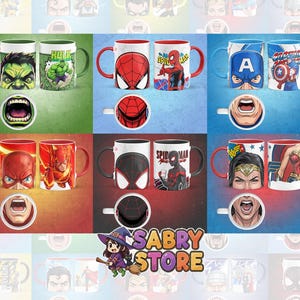 K&ouml;nnte beinhalten: Sammlung von Keramikbechern mit verschiedenen Marvel Comics-Charakteren, darunter Hulk, Spider-Man, Captain America, The Flash und Wonder Woman. Jeder Becher hat ein einzigartiges Design und Farbschema, mit passender Untertasse.