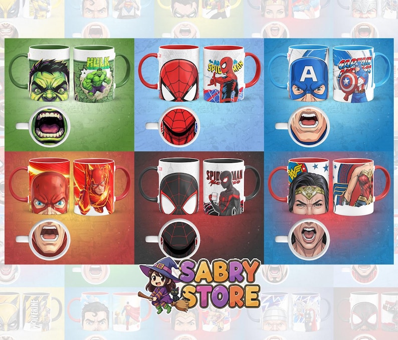 K&ouml;nnte beinhalten: Sammlung von Keramikbechern mit verschiedenen Marvel Comics-Charakteren, darunter Hulk, Spider-Man, Captain America, The Flash und Wonder Woman. Jeder Becher hat ein einzigartiges Design und Farbschema, mit passender Untertasse.