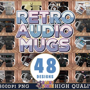 48 retro audio-ontwerpen voor mokken (PNG) Vintage geluidsapparatuur | Hoge resolutie 300 DPI
