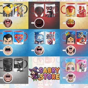 K&ouml;nnte beinhalten: Eine Sammlung von Keramikbechern mit Superhelden-Designs. Die Becher zeigen Charaktere wie Wolverine, Spider-Man, Iron Man, Superman, Captain America, Wonder Woman, Batman und Harley Quinn. Jeder Becher hat ein passendes Design am Boden.
