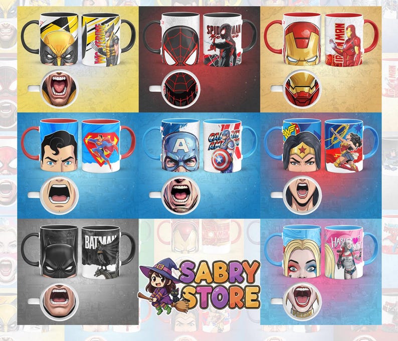 K&ouml;nnte beinhalten: Eine Sammlung von Keramikbechern mit Superhelden-Designs. Die Becher zeigen Charaktere wie Wolverine, Spider-Man, Iron Man, Superman, Captain America, Wonder Woman, Batman und Harley Quinn. Jeder Becher hat ein passendes Design am Boden.